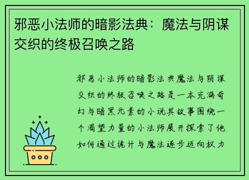 邪恶小法师的暗影法典：魔法与阴谋交织的终极召唤之路